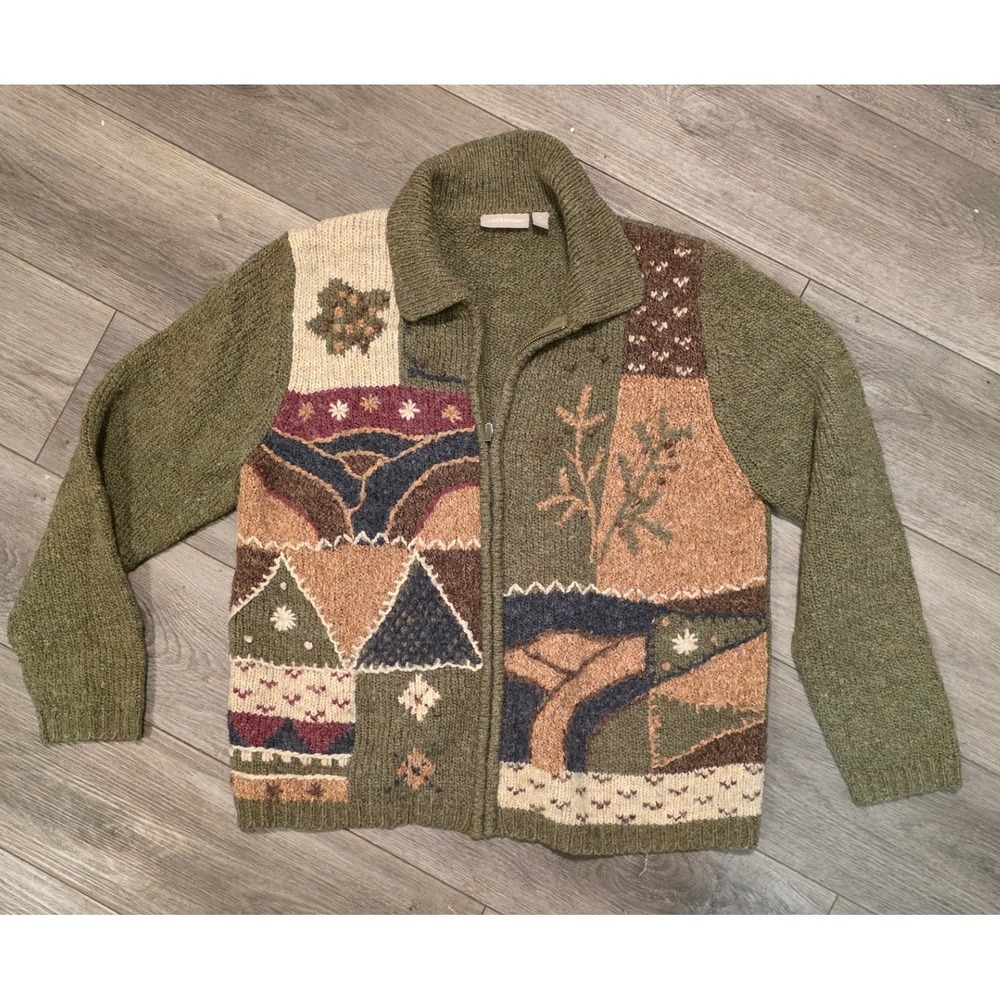 Croft & Barrow Womens XL Cardigan Sweater Green Zip Up Intarsia Knit Nature